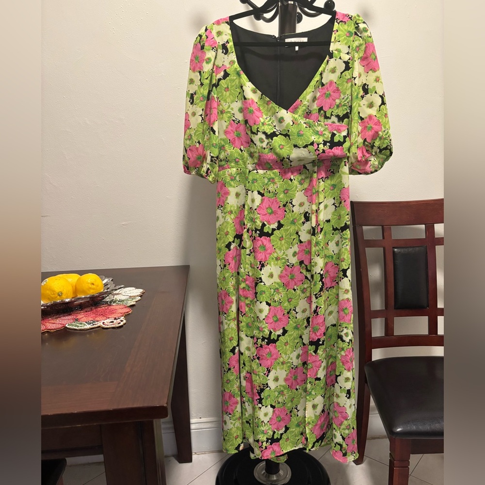 Wayf Green and Pink Floral Midi Dress